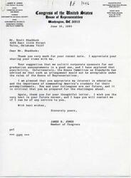 ["The document is a letter from James R. Jones, a member of Congress from Oklahoma, in response to a suggestion to solicit corporate sponsors for graduation announcements. Jones explains that such an arrangement is not allowed under House rules, but he appreciates the suggestion and the importance of education. He wishes the recipient the best in their future career and offers to be of service in the future."]