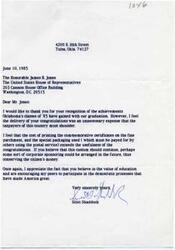 ["The author is thanking Representative James R. Jones for recognizing the achievements of Oklahoma's class of '85, but expresses concern about the unnecessary expense of delivering congratulatory certificates to graduates. The author suggests that corporate sponsorship could be arranged in the future to conserve taxpayer money. The author appreciates the support for education and democratic participation."]