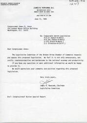 ["A letter from James R. Newcomb, Chairman of the Legislative Committee of the Broken Arrow Chamber of Commerce, to Congressman James R. Jones, urging him to oppose the proposed Comparable Worth Legislation. The letter argues that the legislation is unnecessary, costly, counterproductive, and burdensome to the national economy and productivity. The committee offers to provide additional information and requests the Congressman's comments and position on the legislation."]