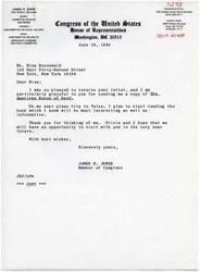["Congressman James R. Jones received a letter from Nina Rosenwald along with a copy of The American House of Saud. He thanked her for the book and expressed his excitement to read it on his next trip to Tulsa. He also mentioned that he and Olivia hope to visit her soon."]