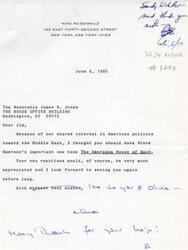 ["The sender, Sandy Welder, is writing to the Honorable James R. Jones to recommend a new book by Steve Emerson about American policies towards the Middle East. She expresses interest in discussing the book with him and looks forward to seeing him again soon."]