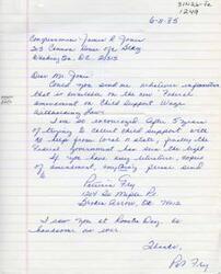 ["The document is a letter to Congressman James R. Jones requesting information on the new Federal Child Support Wage Withholding Law. The writer, Patricia Fry, expresses frustration with trying to collect child support and excitement that the Federal government has taken action. She asks for any available literature or copies of the amendment to be sent to her address in Broken Arrow, Oregon. She also mentions seeing Congressman Jones at Roosts Day."]
