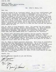 ["The letter is a personal request from Jon Jim & \"Tanner Neva Varner to James R. Jones asking for a favor for their friend, John D. Sears, who is visiting Washington, D.C. They request a VIP pass to the House, Senate, and White House, as well as an escort and meeting with Jones. They provide background information on Sears and his family, and mention that he is Neva's personal physician. They ask Jones to make Sears and his family feel welcome during their trip."]