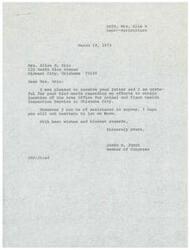 ["Mrs. Akin wrote a letter to Congressman James R. Jones thanking him for his efforts in obtaining the location of the Area Office for Animal and Plant Health Inspection Service in Oklahoma City. Congressman Jones responded, expressing gratitude for her kind words and offering further assistance if needed."]