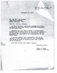 ["Letter from Congressman James R. Jones to Tulsa, OK, residents and members of his constituency, Mr. and Mrs. Tom Sartain, in which Congressman Jones enclosed documents which answer the questions the Sartains have about the role and objective of the Peace Corps, as well as the scope of its operations, and the procedure and requirements for participation in the Peace Corps; letter from the Congressman in response to his Tulsa District office informing him of the Sartains' interest in 'obtaining general background information on the Peace Corps'"]