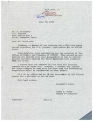 ["Letter from the Director of ACTION, Mr. Sam Brown, to Congressman James R. Jones informing the Congressman of the rejection of the grant applied for by the United States Jaycees that Congressman Jones advocated for. Congressman Jones took the liberty of forwarding to the Jaycees both his original letter to the ACTION Office of Policy and Planning advocating for the Jaycees grant application, as well as the letter rejection letter from the Director of ACTION"]