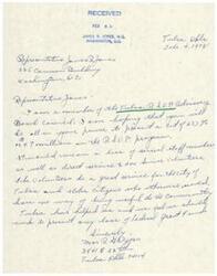 ["Letter from Tulsa, OK, resident and constituent of Congressman James R. Jones, Mrs. R. G. Dyers, to Congressman James R. Jones regarding a proposed budget cut for the Retired Senior Volunteer Program"]