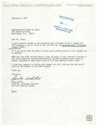 ["Letter from the Director of Volunteer Services as Hillcrest Medical Center in Tulsa, Ok, Ms. Becky Whitis, to Congressman James R. Jones regarding a proposed budget cut for the Retired Senior Volunteer Program"]