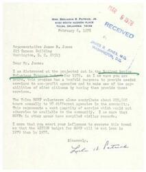 ["Letter from Tulsa, OK, resident and constituent of Congressman James R. Jones, Mrs. Benjamin S. Patrick, Jr., to Congressman James R. Jones regarding a proposed budget cut for the Retired Senior Volunteer Program"]