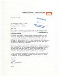 ["Letter from the Director of the Tulsa City-County Library System, Mrs. Pat Woodrum, to Congressman James R. Jones regarding a proposed budget cut for the Retired Senior Volunteer Program"]