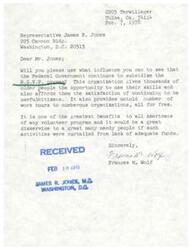 ["Letter from Tulsa, OK, resident and constituent of Congressman James R. Jones, Frances M. Wolf, to Congressman James R. Jones regarding a proposed budget cut for the Retired Senior Volunteer Program"]