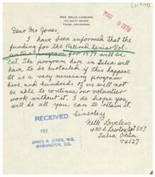 ["Letter from Tulsa, OK, resident and constituent of Congressman James R. Jones, Mrs. Nelle Loveless, to Congressman James R. Jones regarding a proposed budget cut for the Retired Senior Volunteer Program"]