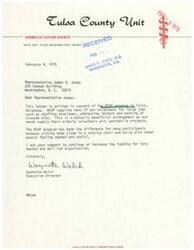 ["Letter from the Executive Director of the Tulsa County Unit of the American Cancer Society, Waynette Welch, to Congressman James R. Jones regarding a proposed budget cut for the Retired Senior Volunteer Program"]