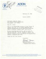 ["Letter from the Assistant Director of Congressional Affairs for ACTION, Mr. Donald Thorson, to Congressman James R. Jones regarding the Congressman's previous letter to another ACTION representative"]
