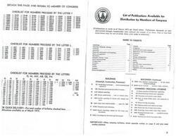 ["This checklist provides a list of publications available for distribution by members of Congress in the Department of Agriculture. The publications cover a wide range of topics including agriculture, livestock, cooking, farm management, and home improvement. The checklist is organized by numbers preceded by different letters, and includes information on subjects such as buildings, canning, freezing, storing, and more. The list also includes a guide to subjects and information on quick delivery of bulletins."]
