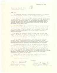 ["Letter from the President of the Hinton Chamber of Commerce, Mr. Charles Tarrant, and the Chairman of the North Caddo Conservation District, Mr. Jean R. Epperly, to Congressman James R. Jones regarding the proposed consolidation of Federal Agriculture Agencies"]
