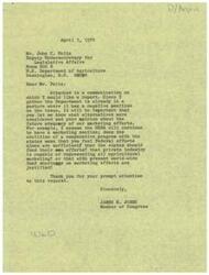 ["Letter from Congressman James R. Jones to the United States Department of Agriculture Deputy Undersecretary for Legislative Affairs, Mr. John C. Fultz, regarding a letter Congressman Jones received from the President of the Oklahoma State Department of Agriculture, Mr. Billy Ray Gowdy. In this letter Congressman Jones received, President Gowdy regarding the lack of federal funds for the Federal-State Market Improvement Program in the USDA budget for fiscal year 1975. In this letter, President Gowdy stresses the importance of this program to Congressman Jones, citing its integral role in allowing states to provide their agricultural producers with new and beneficial marketing projects."]