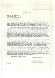 ["Letter and attached Newspaper articles from Tulsa, OK, resident and constituent of Congressman James R. Jones, Mrs. J. B. English, regarding the rising prices of grain & feed domestically as well as the United States' export of grain & feed to parts of Africa; correspondence includes Congressman Jones' response"]