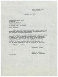 ["Telegram from the Governor of the State of Oklahoma, the Honorable David Hall, to Congressman James R. Jones regarding drought disaster assistance for 35 counties in Oklahoma"]