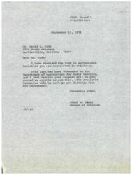 ["Letters from Congressman James R. Jones to Both the United States Department of Agriculture Office of Communications and to Bartlesville, OK, resident and constituent of the Congressman, Mr. David L. Cade, regarding Mr. Cade's request for copies of 218 different USDA Agriculture Bulletins"]