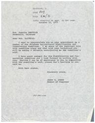 ["The text is a congratulatory letter from James R. Jones to Mrs. Juanita Griffith on her appointment to the Oklahoma Agricultural Stabilization and Conservation committee. Jones expresses his respect for the committee and offers his assistance in any way possible."]
