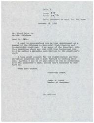 ["The text is a congratulatory letter to Mr. Floyd Gale, Jr. on his appointment to the Oklahoma Agricultural Stabilization and Conservation committee. The sender, James R. Jones, expresses his respect for the committee and looks forward to working with Mr. Gale, offering assistance if needed."]