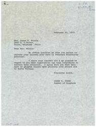 ["Mrs. James V. Wintel and Mrs. Viola Moore called Congressman James R. Jones' office to express concern over cuts in Veterans disability pensions. Jones reassured them that legislation has been introduced to correct the situation and that he agrees with their priorities. Jones requested their addresses so he could keep them updated on the progress of the bill."]