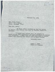 ["Mrs. Viola Moore expressed concern to Congressman James R. Jones about cuts in Veterans disability pensions. Congressman Jones agrees with her and informs her that legislation has been introduced to address the issue. He also agrees that this program should take priority over aid to North Vietnam."]