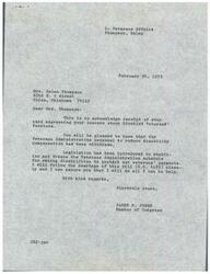 ["Mrs. Helen Thompson received a response from Congressman James R. Jones acknowledging her concerns about Disabled Veterans' Pensions. The Veterans Administration's proposal to reduce disability compensation has been withdrawn, and legislation has been introduced to stabilize and freeze the schedule for rating disabilities to protect veterans' payments. Congressman Jones assured Mrs. Thompson that he will follow the hearings of the Bill closely and do all he can to help."]