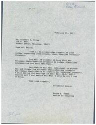 ["Richard A. Esley wrote a letter expressing concern about proposed cuts to Disabled Veterans' Pensions, which has since been withdrawn. Legislation has been introduced to stabilize and freeze disability compensation. James R. Jones, a Member of Congress, assures Esley that he will closely follow the hearings and do all he can to help protect veterans' payments. Esley, a disabled veteran, is worried about how he and other veterans will support themselves and their families with limited job opportunities due to disabilities. He feels betrayed by the President and hopes that something can be done to protect veterans' benefits."]