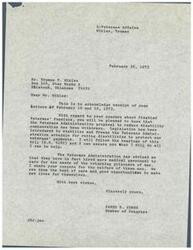 ["Truman Mikles wrote to Congressman James Jones expressing concern about proposed cuts to VA benefits for disabled veterans and reductions in funding for VA services. Congressman Jones responded, assuring Mikles that the proposal to reduce disability compensation had been withdrawn and legislation introduced to protect veterans' payments. Jones also mentioned that the VA had hired more medical personnel to care for returning prisoners of war. Mikles had previously expressed concern about the impact of budget cuts on VA services for returning veterans and urged Congressman Jones to oppose the proposed cuts."]