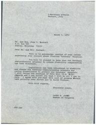 ["The document from Mr. and Mrs. Burkart expresses concern about cuts to disabled veterans' benefits while the government plans to send millions of dollars to North Vietnam. Congressman James R. Jones responds, assuring them that the proposal to reduce disability compensation has been withdrawn and legislation has been introduced to protect veterans' payments. Jones agrees that veterans' benefits should take priority over aid to North Vietnam."]