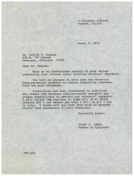 ["Mr. Hughes wrote to Congressman James R. Jones expressing concern about disabled veterans' pensions. Congressman Jones assured Mr. Hughes that a proposal to reduce disability compensation had been withdrawn and legislation had been introduced to stabilize and freeze the schedule for rating disabilities. Congressman Jones promised to closely follow the bill and do what he could to help protect veterans' payments. Mr. Hughes highlighted the potential hardship that a reduction in veterans' benefits would have on himself and other disabled veterans."]