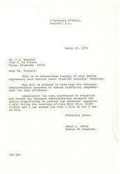["The document is a response to Mr. England's concern about Disabled Veterans' Pensions. It states that the proposal to reduce disability compensation has been withdrawn and legislation has been introduced to stabilize and freeze the Veterans Administration schedule for rating disabilities. The author, Member of Congress James R. Jones, assures Mr. England that he will closely follow the Bill (H.R 4185) and do all he can to help."]