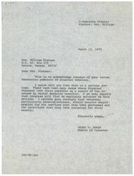 ["Mrs. William Platner wrote to Congressman James R. Jones expressing concern about disabled veterans losing their pensions due to an increase in Social Security benefits. She emphasized the sacrifices made by veterans and requested that they be given fair consideration. Congressman Jones acknowledged her letter and agreed that the issue was a serious problem, promising to work towards finding an equitable solution."]
