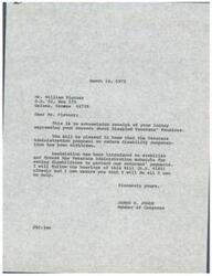 ["Mr. Platner wrote a letter expressing concern about the proposed reduction in disability compensation for veterans. Congressman James R. Jones responded, informing him that the proposal has been withdrawn and legislation has been introduced to stabilize and freeze disability payments. Jones assured Platner that he would closely monitor the bill and do his best to help protect veterans' payments."]
