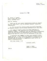 ["The document is a response from Congressman James R. Jones to Mr. Robert W. Goodwin regarding his support for bills H.R. 11469 and S. 2710 to increase veterans' disability compensation. Jones acknowledges Goodwin's communication and informs him of the status of the bills in the Senate and House Committees on Veterans Affairs. Jones assures Goodwin that he will follow the progress of the bills and be responsive to the needs of veterans when the issue of compensation comes before the House of Representatives."]