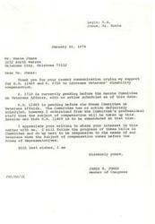 ["The document is a response from Congressman James R. Jones to Mr. Monte Jones regarding his support for bills to increase veterans' disability compensation. Congressman Jones acknowledges Mr. Jones' communication and assures him that he will follow the progress of the bills in committee and be responsive to the needs of veterans."]