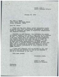 ["Mr. Smock requested a copy of Senate Bill 2710 from Congressman James R. Jones, which aims to increase disability compensation for veterans. Jones provided the requested copies and explained that the decision to allow exemption for certain veterans from auto tag tax is under the jurisdiction of the State of Oklahoma. Jones suggested contacting the State Representative or State Senator for further information on this matter."]