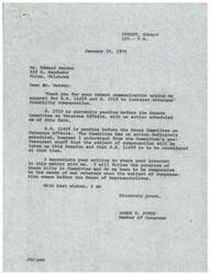 ["The document is a response from Congressman James R. Jones to Edward Dorsey's request for support of H.R. 11469 and S. 2710 to increase veterans' disability compensation. Congressman Jones acknowledges the request and informs Dorsey that both bills are pending in the relevant committees, with H.R. 11469 scheduled to be considered during the current session. Jones assures Dorsey that he will follow the progress of the bills and be responsive to the needs of veterans when the issue of compensation arises in the House of Representatives."]