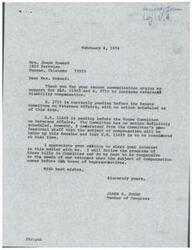 ["The document is from James R. Jones, in response to a request for support for bills H.R. 11469 and S. 2710 to increase veterans' disability compensation. Jones acknowledges the interest in the matter and states that the bills are pending before committees, with action expected in the future. He assures that he will follow the progress of the bills and be responsive to the needs of veterans. Additionally, the letter includes a message from a disabled veteran urging support for the bills due to the impact of inflation on disability compensation."]