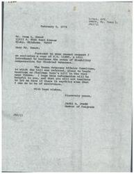 ["Mr. Oren L. Smock requested information regarding a bill to increase disability compensation for disabled veterans. Congressman James R. Jones provided him with a copy of H.R. 11469 and informed him that the House Veterans Affairs Committee would begin hearings on the bill soon. Smock thanked Jones for his assistance."]