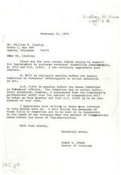 ["The document is a response from Congressman James R. Jones to a letter from Mr. William B. Lindley urging support for legislation to increase veterans' disability compensation. Congressman Jones acknowledges the concern and informs Mr. Lindley that the bills are pending in the respective committees. He assures Mr. Lindley that he will follow the progress of the bills and be responsive to the needs of veterans. The document also includes a request from Mr. Lindley for Congressman Jones to introduce legislation to support the bills and to prevent any reduction in personal compensation due to an increase in social security benefits."]