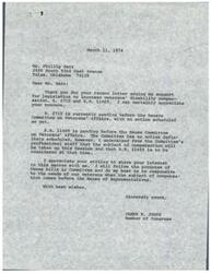 ["Mr. Barr wrote to Congressman James R. Jones urging support for legislation to increase veterans' disability compensation. Congressman Jones responded, stating that the bills were pending in their respective committees and that he would follow their progress. Jones assured Barr that he would do his best to be responsive to the needs of veterans when the compensation issue comes before the House of Representatives."]