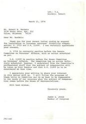 ["The document is a response from Congressman James R. Jones to Mr. Robert W. Goodwin, thanking him for his letter urging support for legislation to increase veterans' disability compensation. Congressman Jones mentions that the bills are pending in the respective committees and he will follow their progress to be responsive to the needs of veterans. Mr. Goodwin, who is service-connected blind in one eye, is requesting strong support for the legislation."]