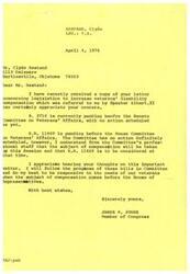 ["The document is a response from Congressman James R. Jones to Clyde Hestand regarding legislation to increase veterans' disability compensation. Jones explains the status of the bills in Congress and assures Hestand that he will follow their progress and be responsive to the needs of veterans. Hestand also requests support for the bills from Speaker Carl Albert and mentions other representatives from Oklahoma who may be able to help."]