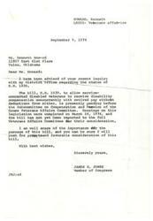 ["Kenneth Howard inquired about the status of H.R. 1039, a bill that would allow service-connected disabled veterans to receive disability compensation concurrently with retired pay. The bill is pending before the Subcommittee on Compensation and Pension of the House Veterans Affairs Committee and has not yet been reported to the full committee for consideration. Congressman James R. Jones assured Mr. Howard that he will push for prompt and favorable consideration of the bill."]