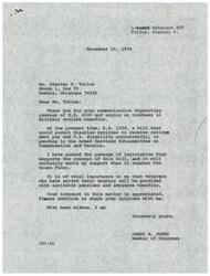 ["The document is from James R. Jones, a Member of Congress, responding to Stanley P. Tullos' support for H.R. 1039, a bill that would allow disabled military retirees to receive both retirement pay and VA disability benefits. Tullos expresses concern about the treatment of military retirees and advocates for equal treatment in terms of benefits. He also questions why military retirees are treated differently from other federal employees. Tullos urges Jones to look into the matter and asks for his support in addressing the issue."]