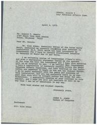 ["The document is from Congressman James R. Jones to Mr. Arnold V. Dennis regarding legislation (H.R. 3843) to restore educational benefits for veterans of World War II and Korea. Jones provides information about the bill and expresses willingness to assist Dennis with any questions or concerns. Dennis had initially reached out to Alex Adwan at the Tulsa Daily World for information on the legislation, and Adwan forwarded the request to Congressman Jones. Jones also mentions that hearings on the legislation are pending in the House Veterans Affairs Committee."]