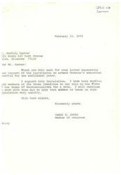["The document is from James R. Jones, a Member of Congress, to Godfrey Garner thanking him for his support of legislation to extend Veteran's education benefits for two additional years. Jones expresses his support for the legislation and mentions working with the House Committee to bring it to a vote quickly. Garner had written to Jones expressing the need for the extension of benefits due to financial difficulties while attending school. Garner is hopeful for Jones' help in passing the bill and requests a response on the matter."]